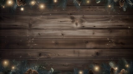 Old wood background with fir branches. Space for a greeting message. Neural network ai generated art