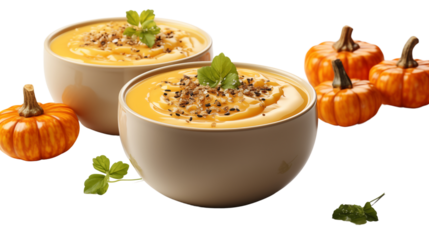 pumpkin creamy soup isolated on transparent background.