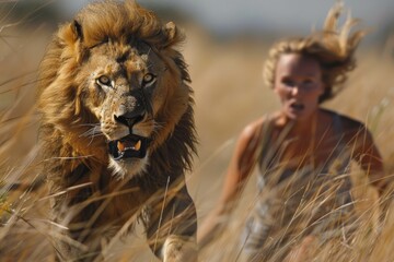 A woman runs through a field while being chased by an aggressive lion.