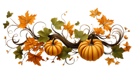 Pumpkin leaves vine plant stem and tendrils isolated on transparent background.