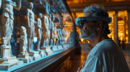 Obraz premium Senior Man Exploring Art Through VR Headset in a Museum - Photo