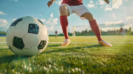 Fototapeta premium Soccer player kicking the ball on the field Closeup of a soccer ball on the grass