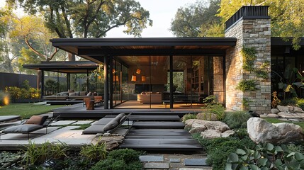 Modern home with large windows overlooking a landscaped backyard with a patio and stone pathways.