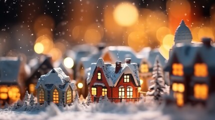 Fototapeta premium Miniature Village Christmas Scene With Snowy Landscape and Festive Ligh