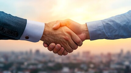 Two professionals shaking hands against a city skyline at sunset, symbolizing partnership and mutual agreement.