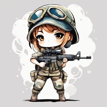 recommend clip art: Watercolor image of a girl soldier holding a weapon