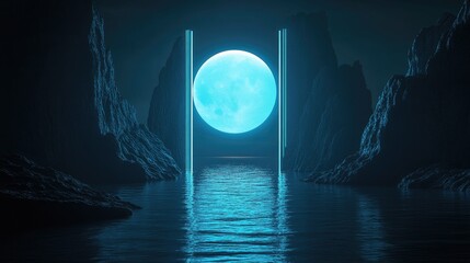 Fototapeta premium A blue moon shines through a glowing portal. The image is perfect for fantasy, sci-fi, and otherworldly themes.
