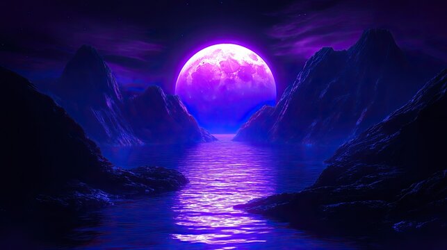 A large purple moon hangs over mountains. The image portrays a dreamy and surreal landscape, ideal for fantasy or sci-fi themes.