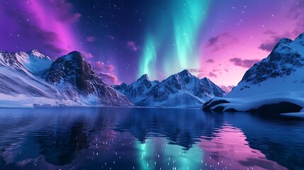 Naklejka premium Aurora Borealis Reflecting in a Frozen Lake