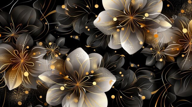 Elegant abstract black, gold, and white floral pattern background with intricate geometric design - luxurious ornamental texture ideal for modern art, home decor, wedding invitations, and sophisticate