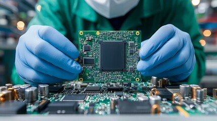 A technician examines a circuit board with gloves, highlighting precision in electronics assembly and maintenance processes.