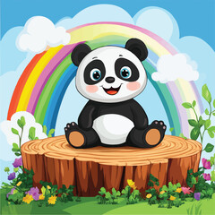 Obraz premium Cute cartoon panda sitting on the wood in garden with rainbow background vector