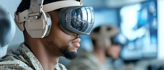 Soldier wearing virtual reality headset, focused on training simulation in advanced technology environment.