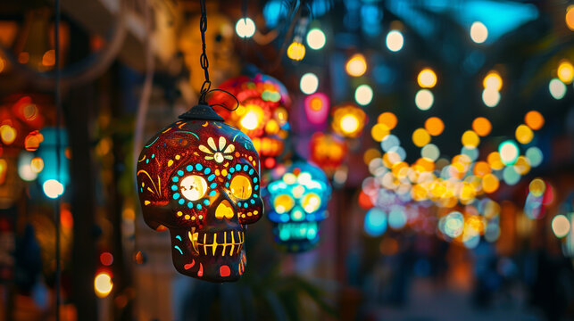 halloween decoration, colorful lanterns shaped as mexicam skulls, dia de los muertes