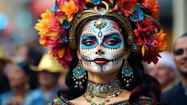 une femme d&eacute;guis&eacute;e, pour le Dia de los muerto, le jour des morts au Mexique, avec un regard regard intriguant