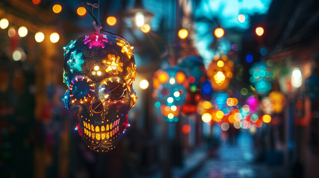 halloween decoration, colorful lanterns shaped as mexicam skulls, dia de los muertes
