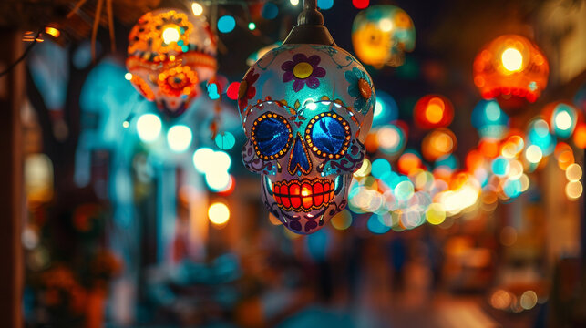 halloween decoration, colorful lanterns shaped as mexicam skulls, dia de los muertes