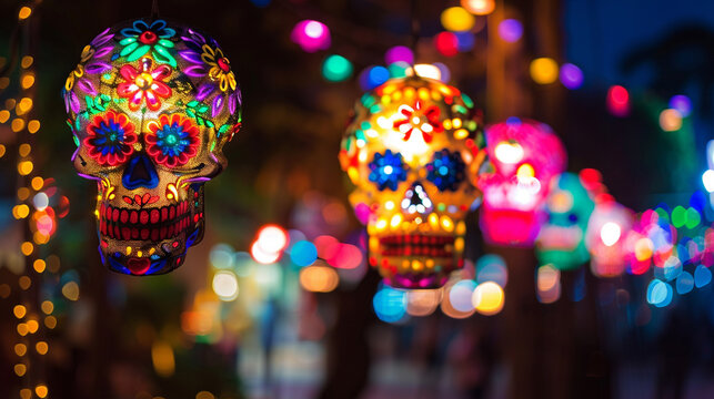 halloween decoration, colorful lanterns shaped as mexicam skulls, dia de los muertes