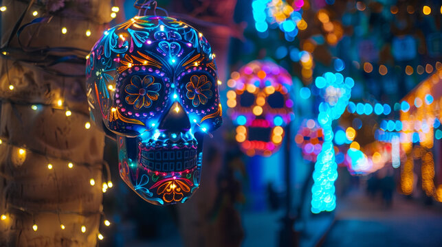 halloween decoration, colorful lanterns shaped as mexicam skulls, dia de los muertes