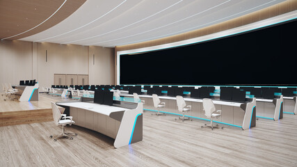 Modern high tech command center. Headquarters of the army command. Future military or astronomy base. 3d render illustration.