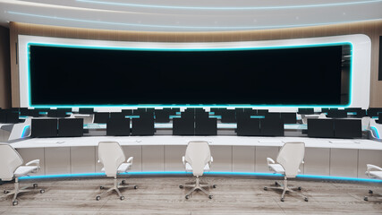 Modern high tech command center. Headquarters of the army command. Future military or astronomy base. 3d render illustration.