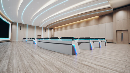 Modern high tech command center. Headquarters of the army command. Future military or astronomy base. 3d render illustration.