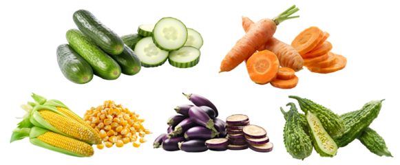 Collection of 5 vegetable fruit root stem in pile group, Bitter melon gourd, corn, cucumber, carrot, Eggplant aubergine brinjal baigan on transparent cutout PNG. Mockup template for artwork design