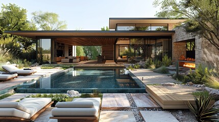 Modern home with pool and outdoor living space.