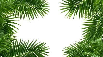 Tropical Green Palm Leaves Border on White Background