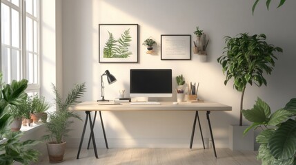 Minimalist Home Office Design with Plants