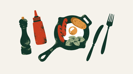 Breakfast illustration. Frying pan with eggs and sausages. Pepper pot with ketchup.