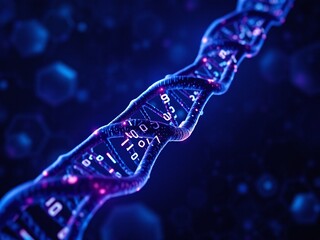 A digitally enhanced image of a spiraling DNA strand with glowing binary numbers and futuristic hexagonal patterns