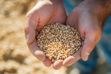 A close-up photo of wheat grains in a hand. This photo showcases the essence of agriculture and the importance of wheat as a staple food.