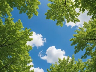 Obraz premium Gazing upward, one sees green leaves contrasted with the bright blue sky