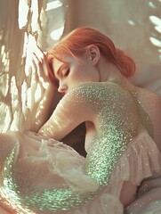 A serene woman with red hair rests against a textured wall, her back adorned with shimmering glitter that catches the soft light, creating a dreamy, ethereal atmosphere.