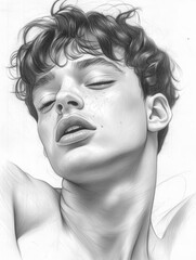A detailed pencil sketch of a young man with closed eyes and a sensual expression, capturing the softness of his features and the texture of his tousled hair.