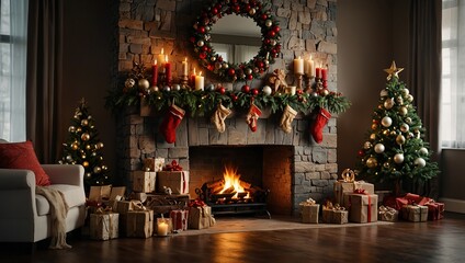 Fototapeta premium fireplace with christmas decorations and food