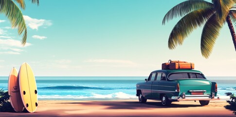 Vintage car with luggage and surfboard parked on a beach with a palm tree, evoking a classic summer vacation vibe.