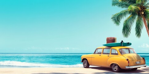 Vintage car with luggage and surfboard parked on a beach with a palm tree, evoking a classic summer vacation vibe.