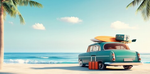 Vintage car with luggage and surfboard parked on a beach with a palm tree, evoking a classic summer vacation vibe.
