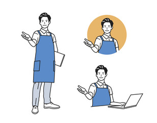 案内する男性_エプロンの立ち姿