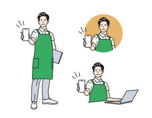 案内する男性_エプロンの立ち姿