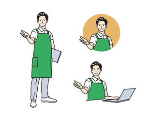 案内する男性_エプロンの立ち姿