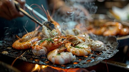 Close-up of grilled shrimp on a hot pan with steam rising.
