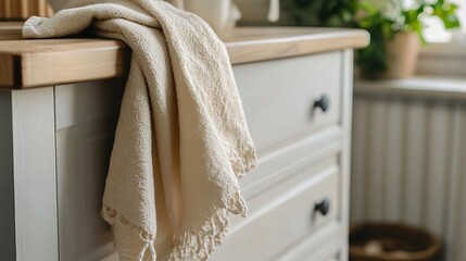 A soft kitchen towel draped over a drawer handle inside the kitchen.