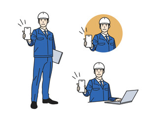 案内する男性_ヘルメットと作業服の立ち姿