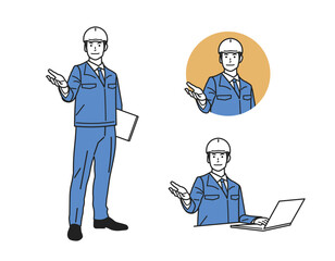 案内する男性_ヘルメットと作業服の立ち姿