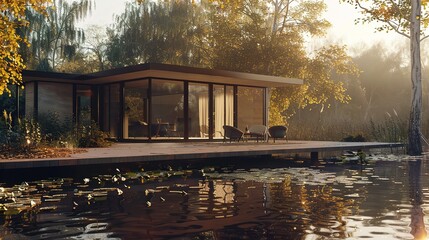 Obraz premium Modern house on a lake in an autumnal setting.