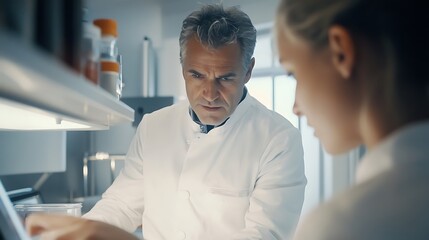 Obraz premium A middle-aged Caucasian male scientist in a lab coat focuses intently on a digital tablet, collaborating with a young female scientist in a high-tech laboratory.