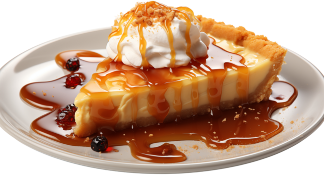 Slice of pumpkin pie with dripping syrup isolated on transparent background.